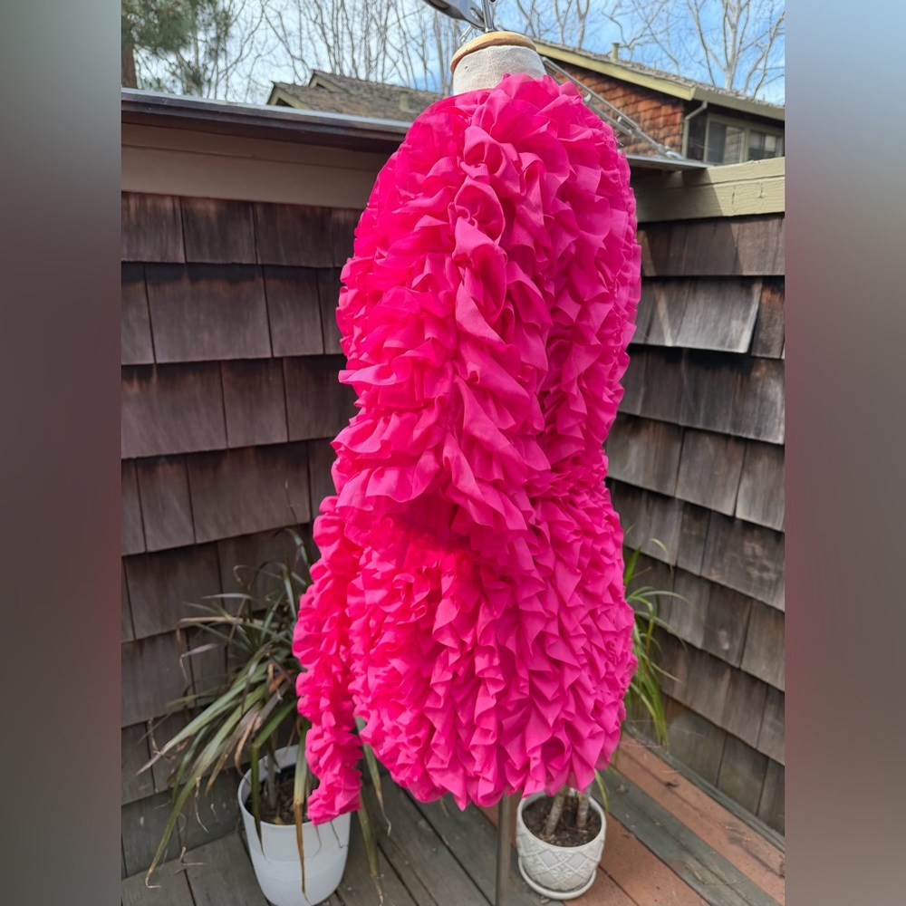 ZARA fuchsia pink ruffled knit coat jacket voluminous with tie Sz M. - Picture 5 of 10
